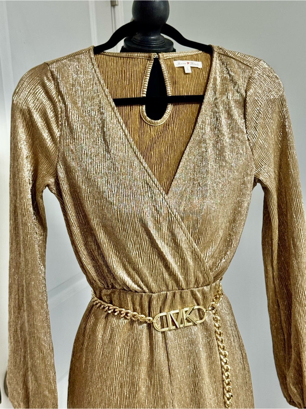 Gold Metallic Long-Sleeve Jumpsuit